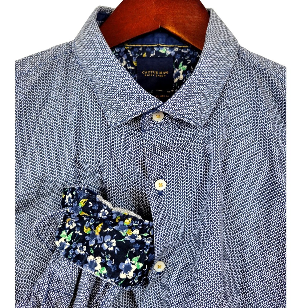 Cactus Man Mens XL Shirt Ricky Singh Blue Floral Print Dress Long Sleeve‎